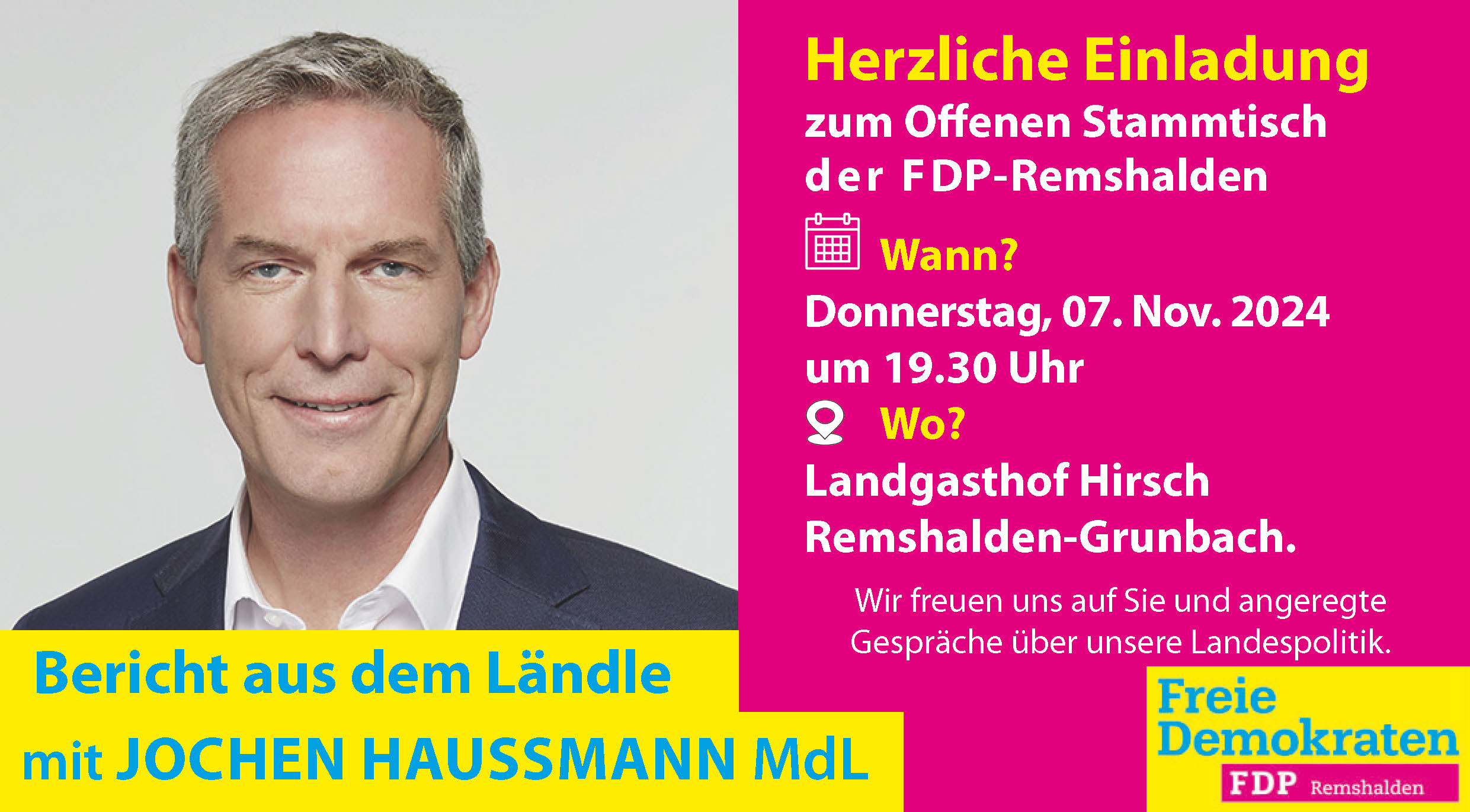 Landespolitik mit Jochen Haußmann @ Landgasthof Hirsch Grunbach